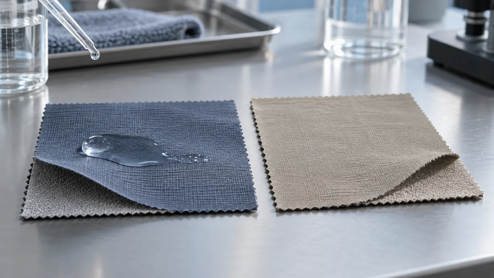 Water droplet spreading across the outer face of a performance fabric swatch beside a dry comparison swatch in a textile moisture-management lab