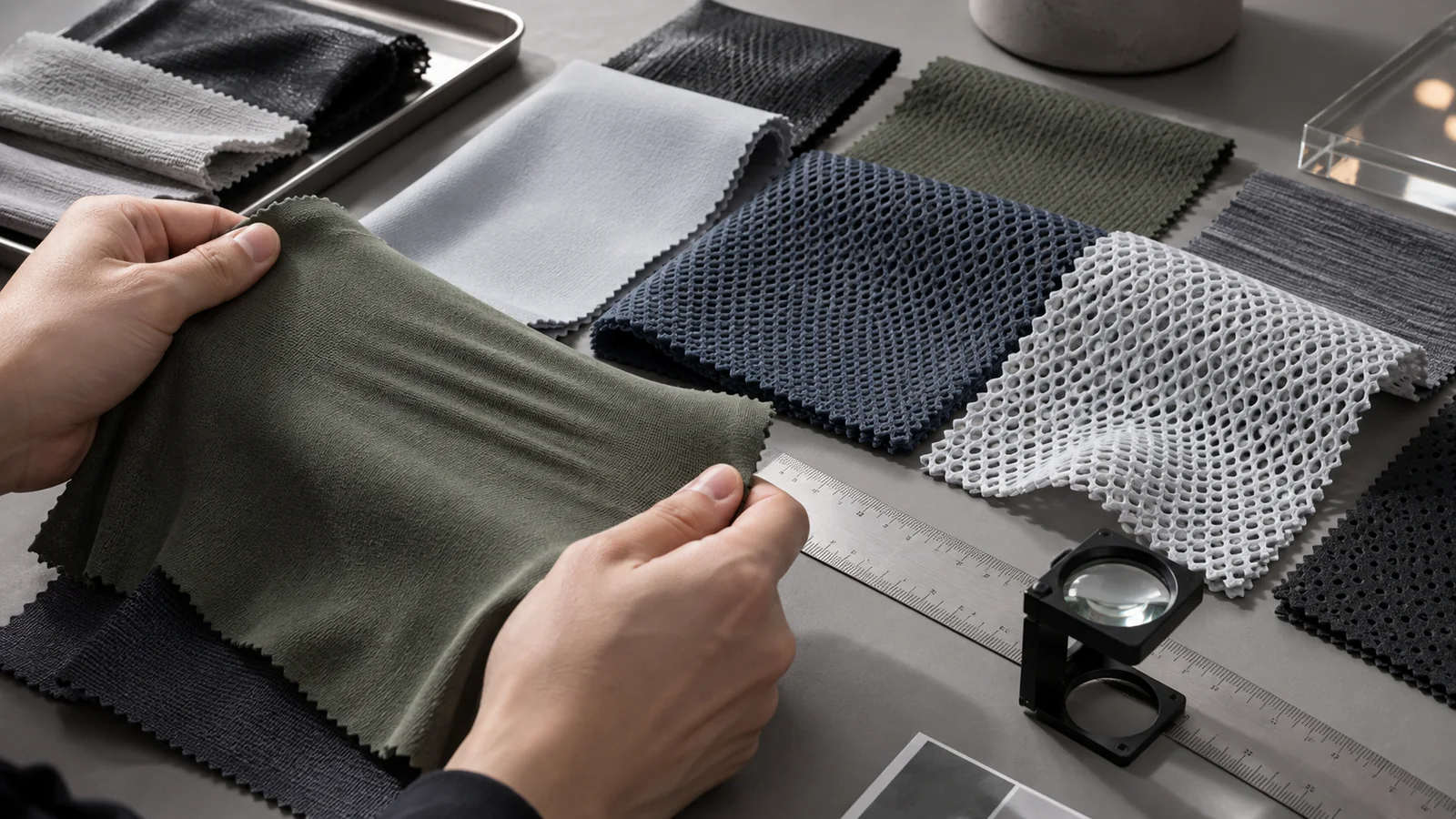 Performance fabric swatches showing different knit densities, smooth hand, mesh openness, stretch marks and coverage differences under controlled studio lighting