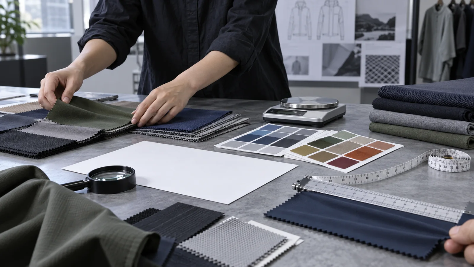 Performance fabric specification desk with GSM scale, stretch ruler, color cards, width tape, swatches and a technical material sheet