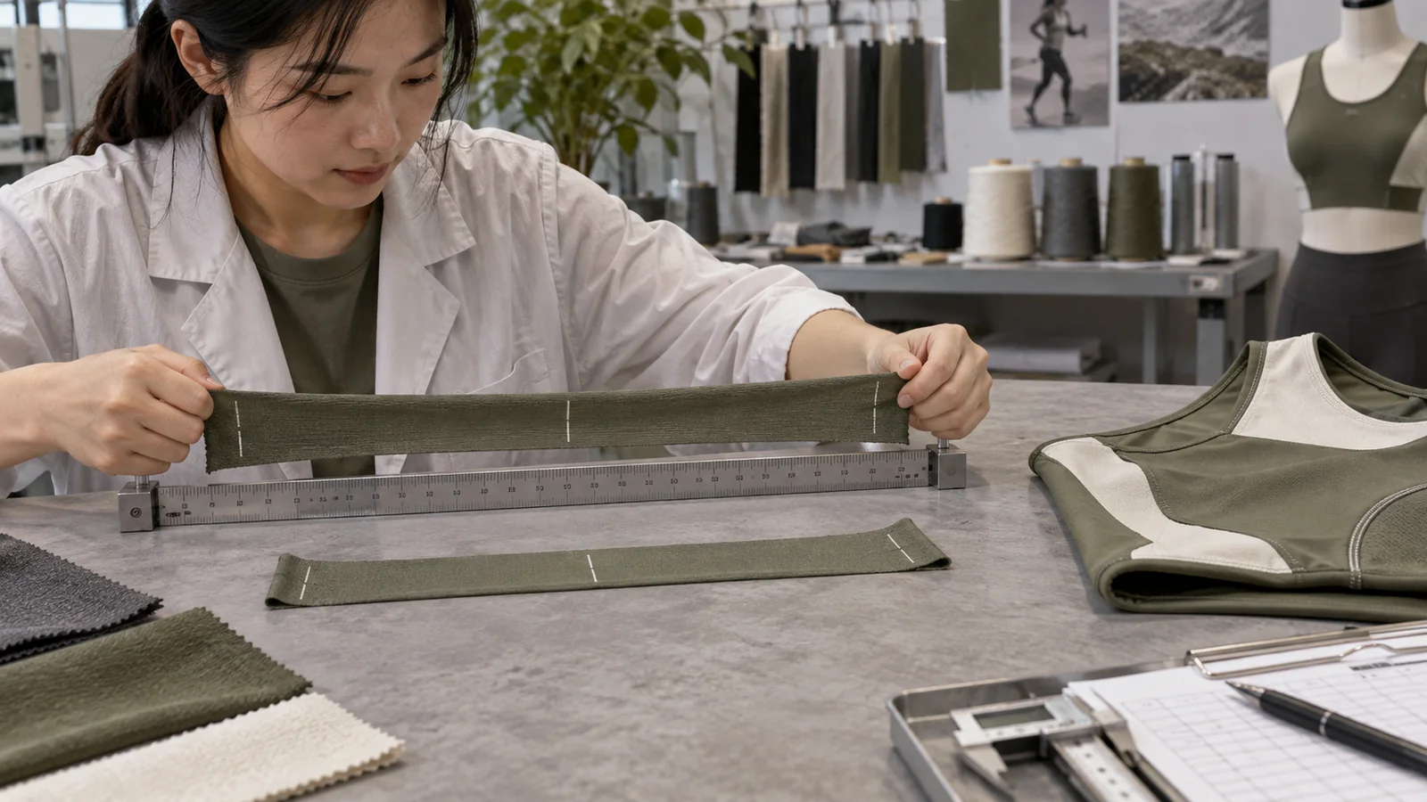 Textile technician checking performance fabric stretch and recovery with a marked sample, ruler and athletic garment panel