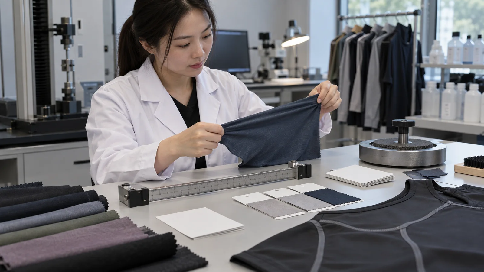 Textile technician reviewing a performance fabric sample with stretch ruler, abrasion notes, laundering cards and a sewn garment panel