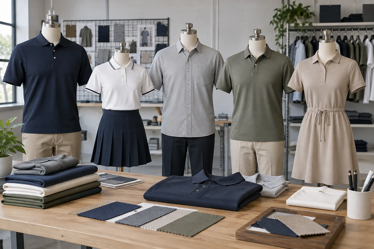 Applications de maille piquée disposées pour un acheteur : polo, haut d’uniforme scolaire, chemise de travail d’entreprise, chemise de golf et robe décontractée dans un studio industriel propre