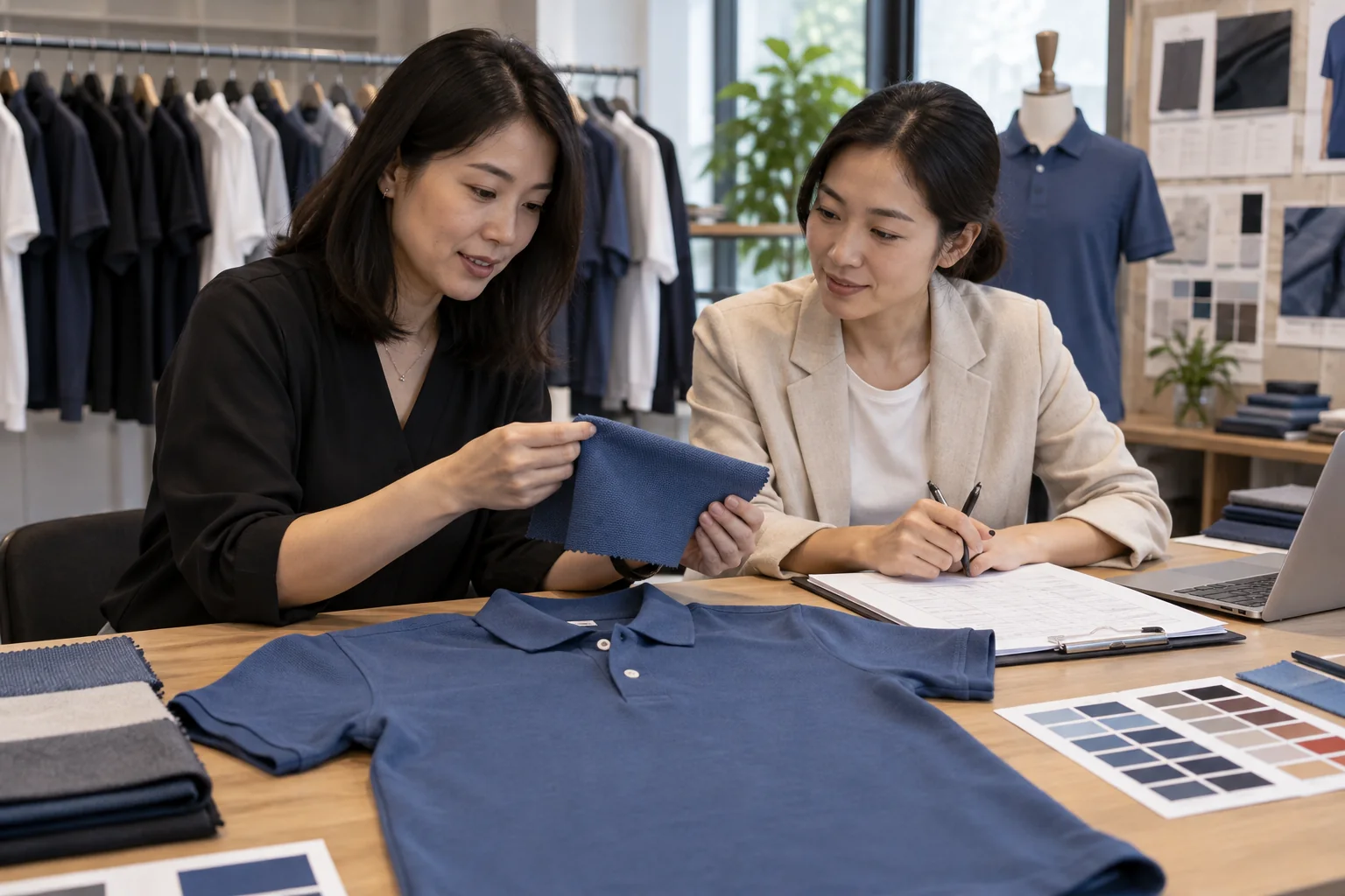Acheteur de vêtements asiatique et développeur de produit approuvant un échantillon de tissu piqué à côté d’un polo fini, de cartes de couleurs et d’une liste de vérification de devis illisible dans une salle d’échantillons chaleureuse