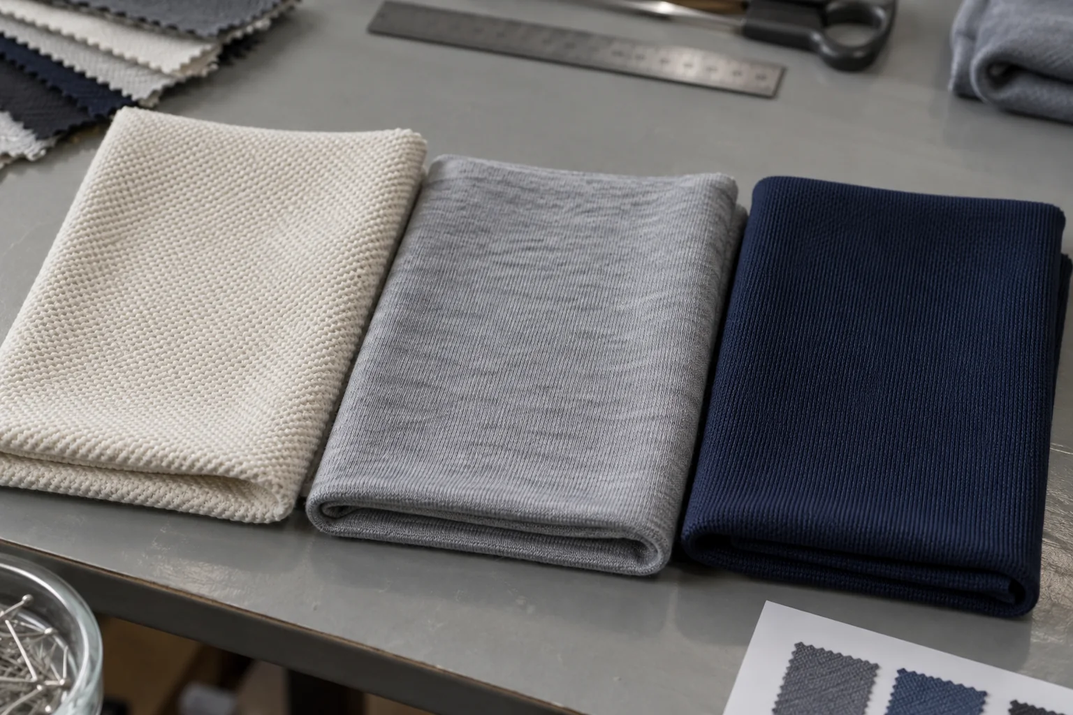 Comparaison côte à côte d’échantillons de tissu piqué, jersey simple et interlock avec différentes textures de surface et épaisseurs sur une table technique
