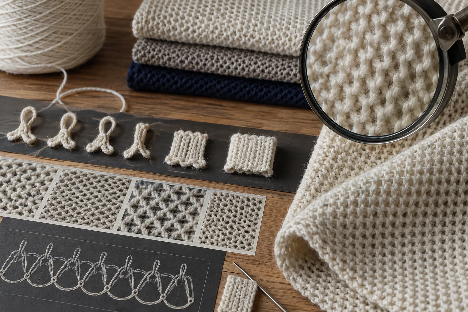 Étude macro et en coupe des boucles de tricot piqué simple, des points tuck, des cellules texturées et des chemins de fil disposés sur une table de développement textile