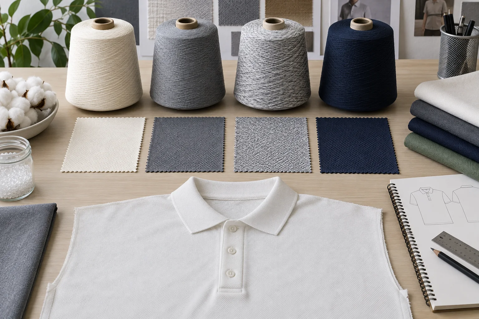 Cônes de fil en coton, polyester, mélange coton-polyester et mélange élasthanne à côté d’échantillons de tissu piqué assortis et d’un panneau de vêtement polo