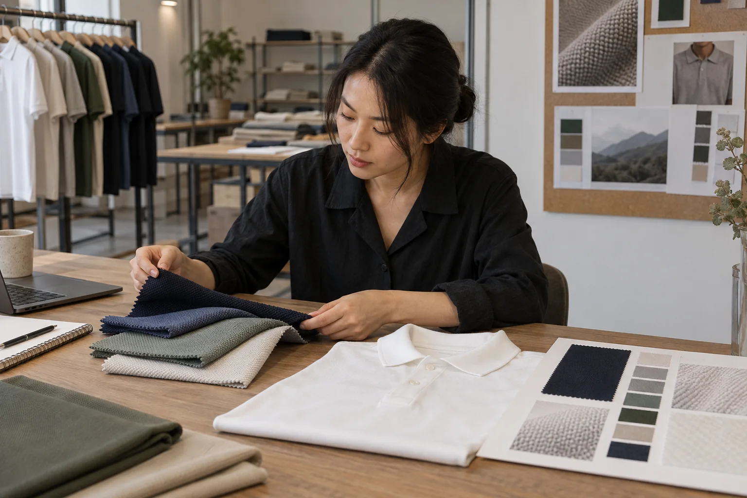 Asian apparel buyer comparing raised pique knit swatches, a polo sample and a technical fabric card at a practical textile specification desk