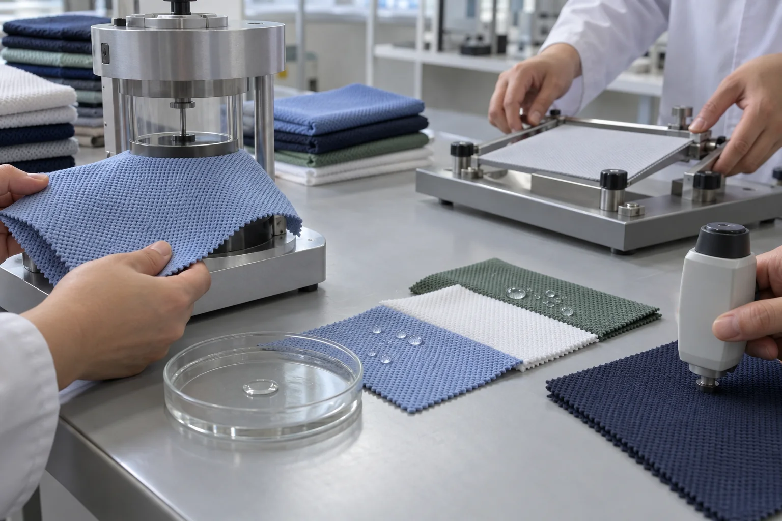 Échantillons de tissu piqué vérifiés pour la perméabilité à l’air, la stabilité dimensionnelle, la texture de surface et le comportement face à l’humidité avec des outils de laboratoire simples