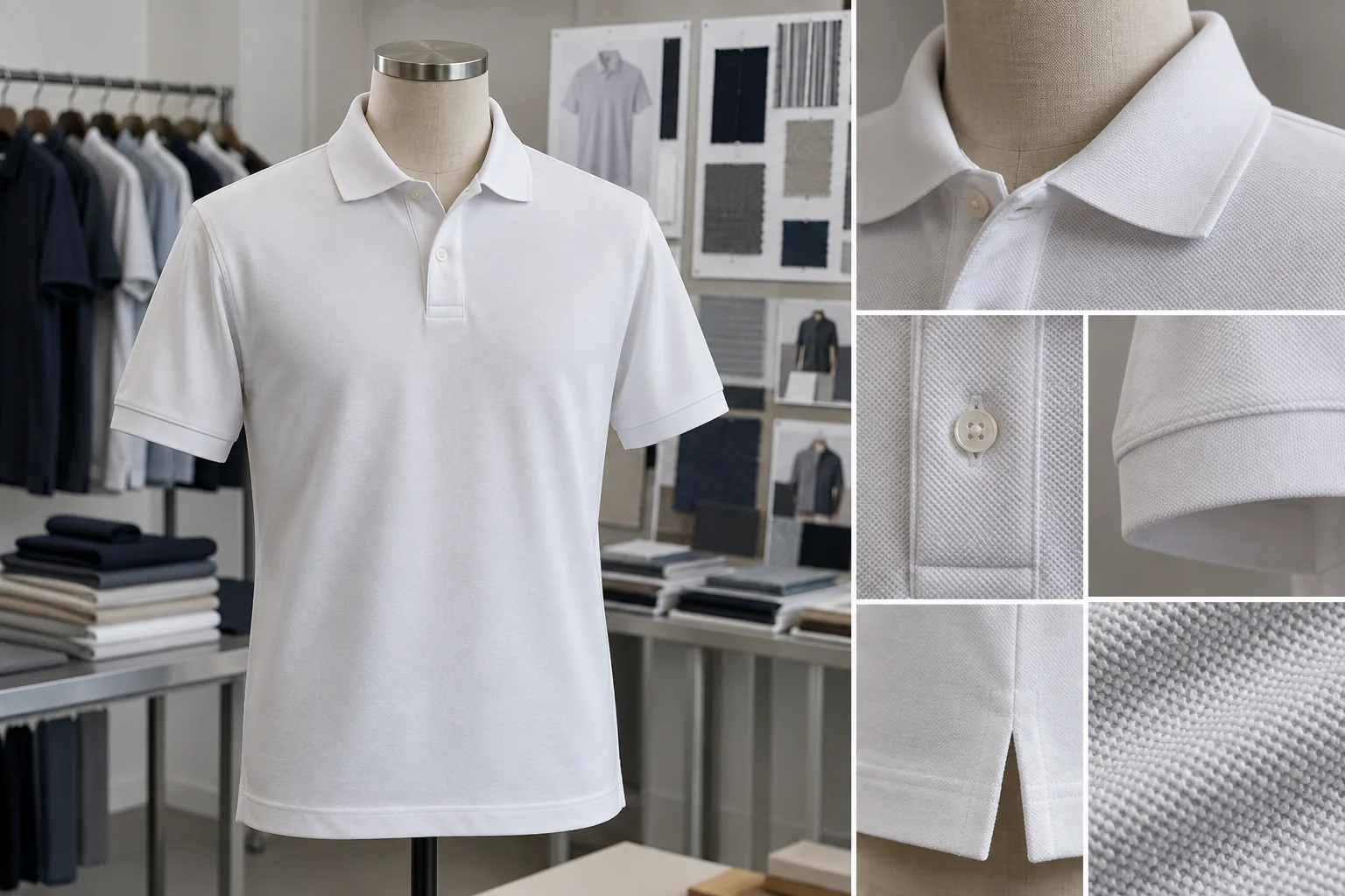 Polo premium vierge en maille piquée texturée présenté sur un mannequin à côté d’échantillons de col, patte, poignet et couture dans une salle d’échantillons de vêtements
