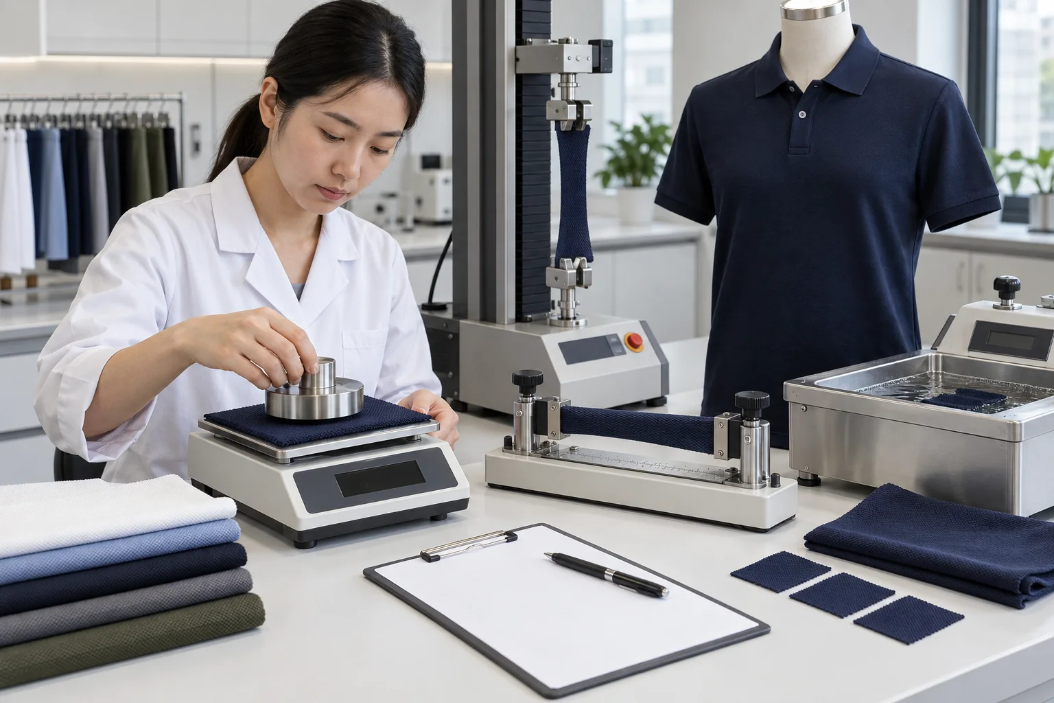 Technicien textile asiatique mesurant le GSM, l’élasticité, la récupération et le rétrécissement du tissu piqué à côté d’un échantillon de polo et de notes de test
