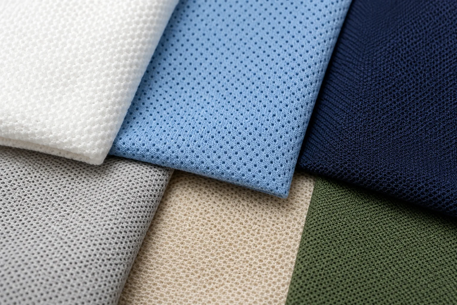 Collection en gros plan d’échantillons de piqué coton, piqué polyester et piqué coton-polyester montrant des surfaces en nid d’abeille, œil d’oiseau et à texture fine sous une lumière de studio contrôlée