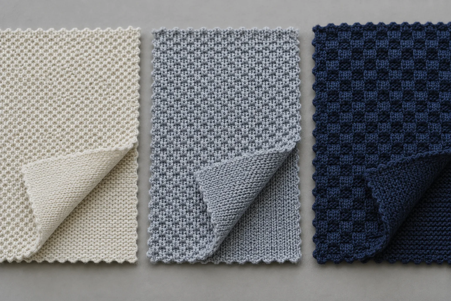 Trois structures distinctes de tricot piqué présentées sous forme de panneaux d'échantillons physiques : piqué simple, piqué double et piqué six fils dans un studio technique neutre