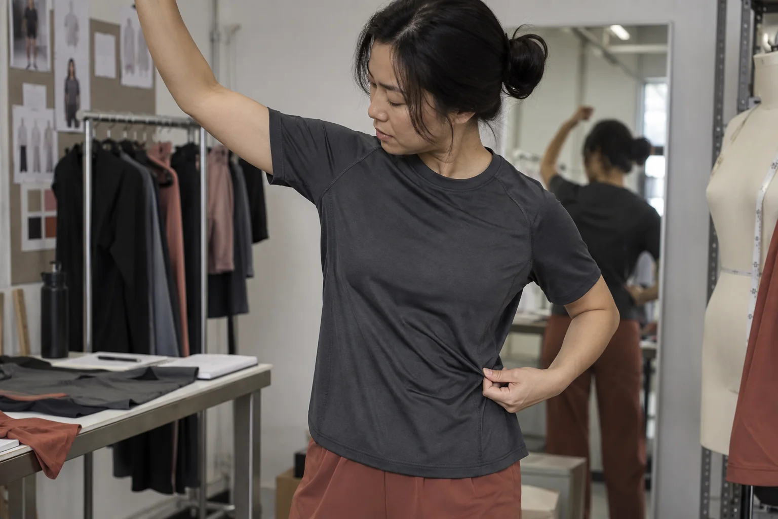Woman in a clothing studio adjusting a t-shirt for custom apparel.