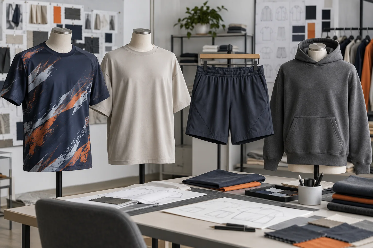 Custom athletic and casual clothing on mannequins in a design studio.