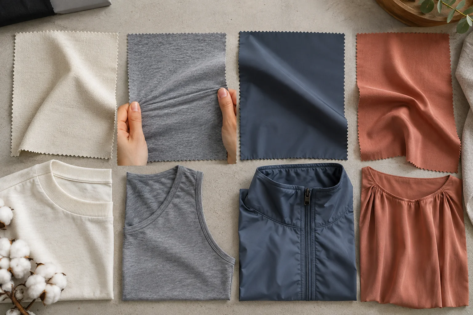 Fabric swatches for custom clothing with design team at DETOSUN.