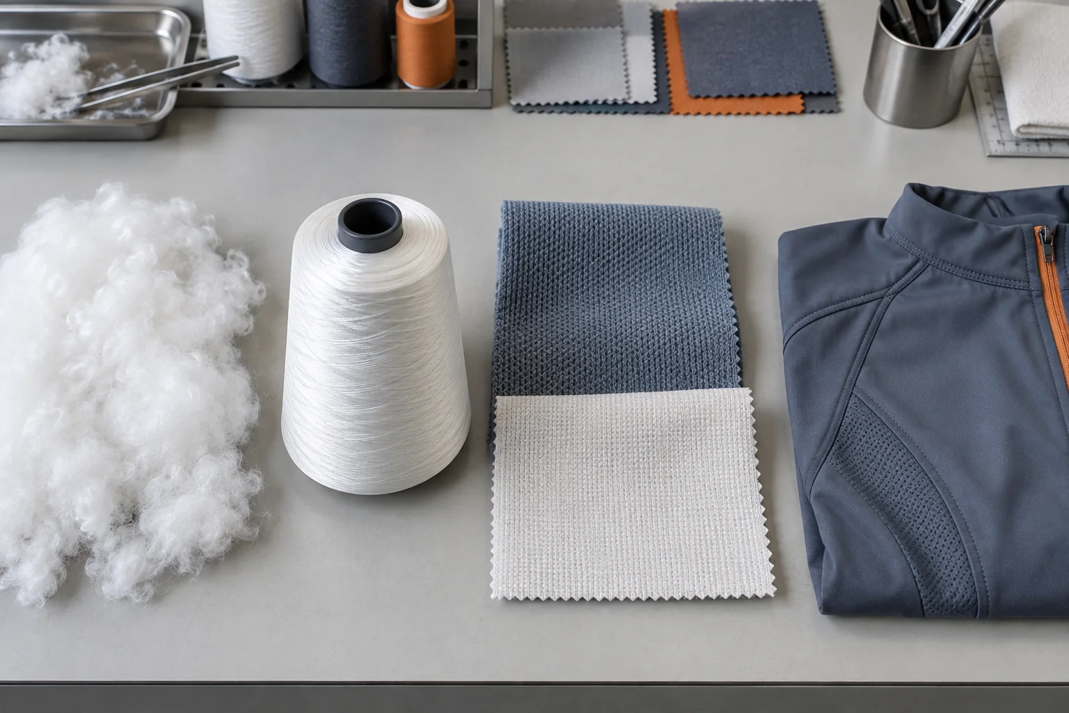 Polyester fiber, yarn, fabric structure, and sewn garment panel arranged as four distinct specification layers