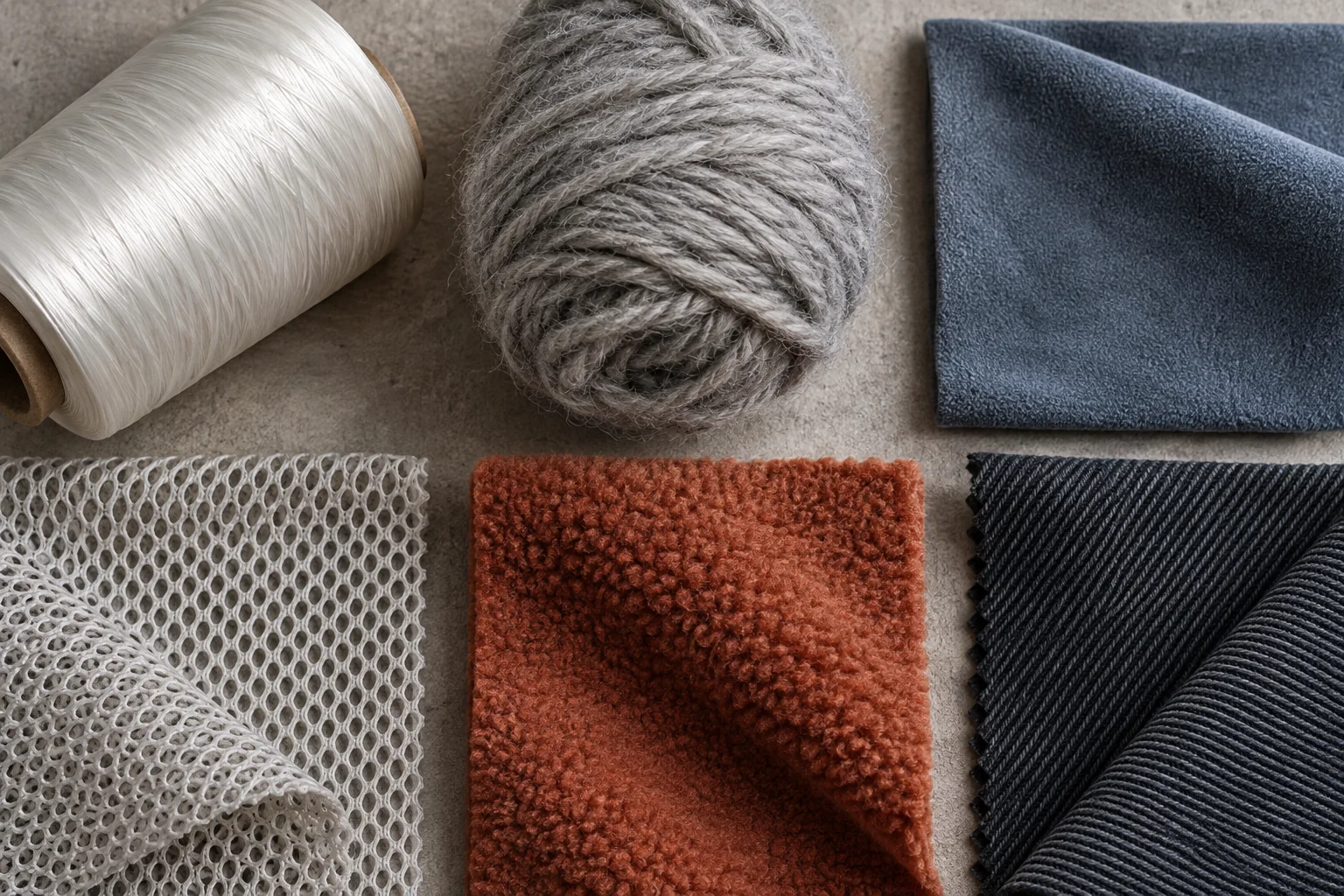 Filament and spun polyester yarns beside microfiber, mesh, fleece, and woven sample panels for apparel selection