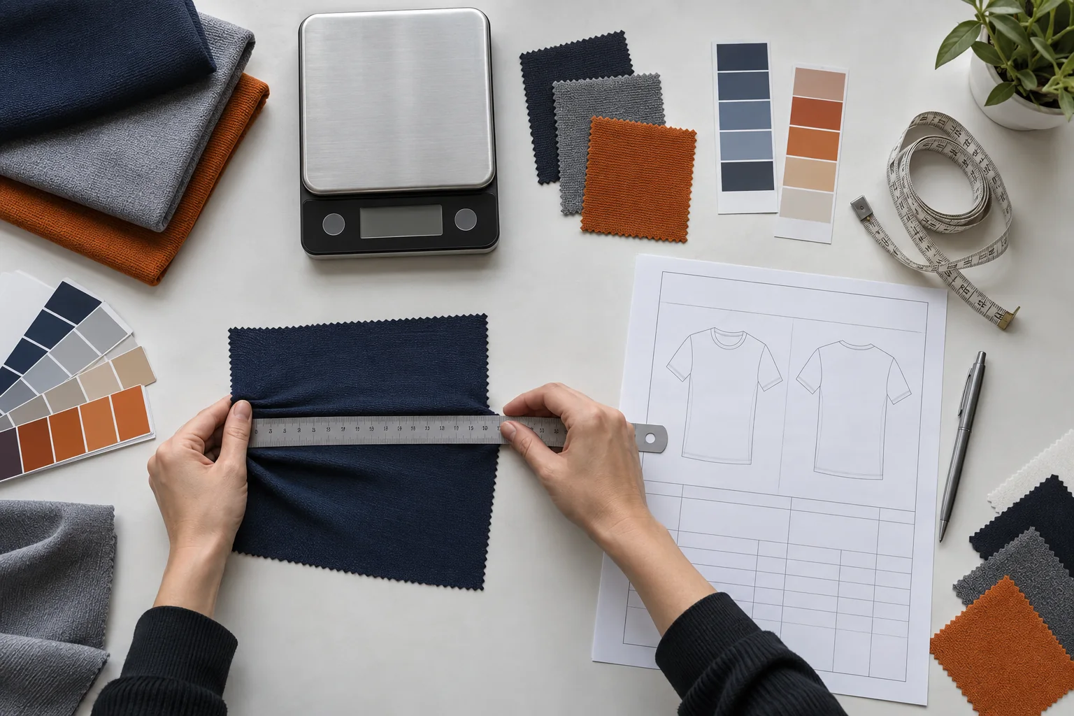 Apparel specification desk with polyester swatches, GSM scale, stretch ruler, color cards, and a blank measurement sheet