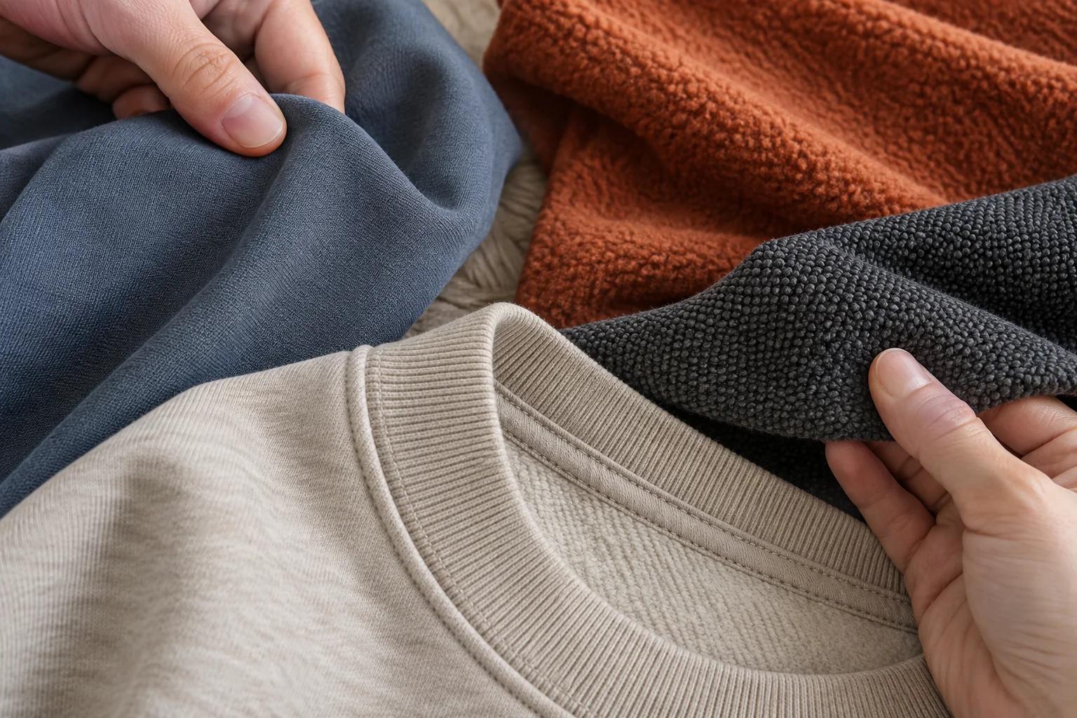 Close-up of smooth, textured, and brushed polyester surfaces beside a sewn neckline to compare hand feel and finish