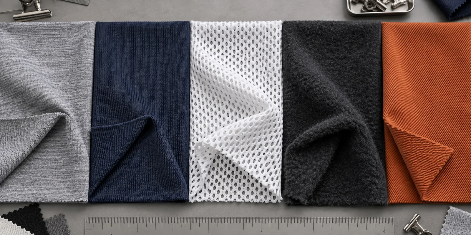 Polyester knit and woven constructions arranged side by side with jersey, mesh, fleece, twill, and lining samples