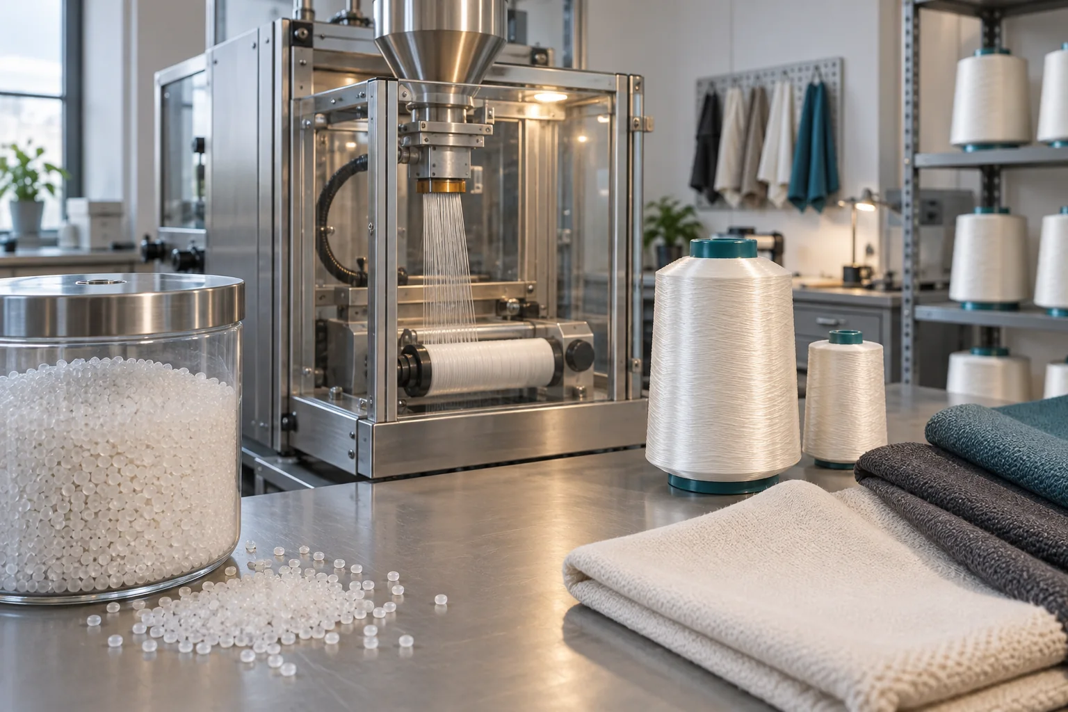 Textile process scene showing PET polymer pellets, melt spinning equipment, filament yarn, and finished polyester fabric