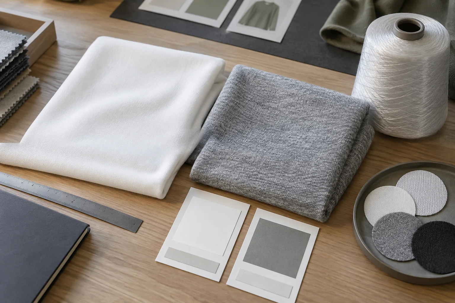 Procurement review comparing virgin polyester and recycled polyester yarn routes with swatches and a garment specification folder