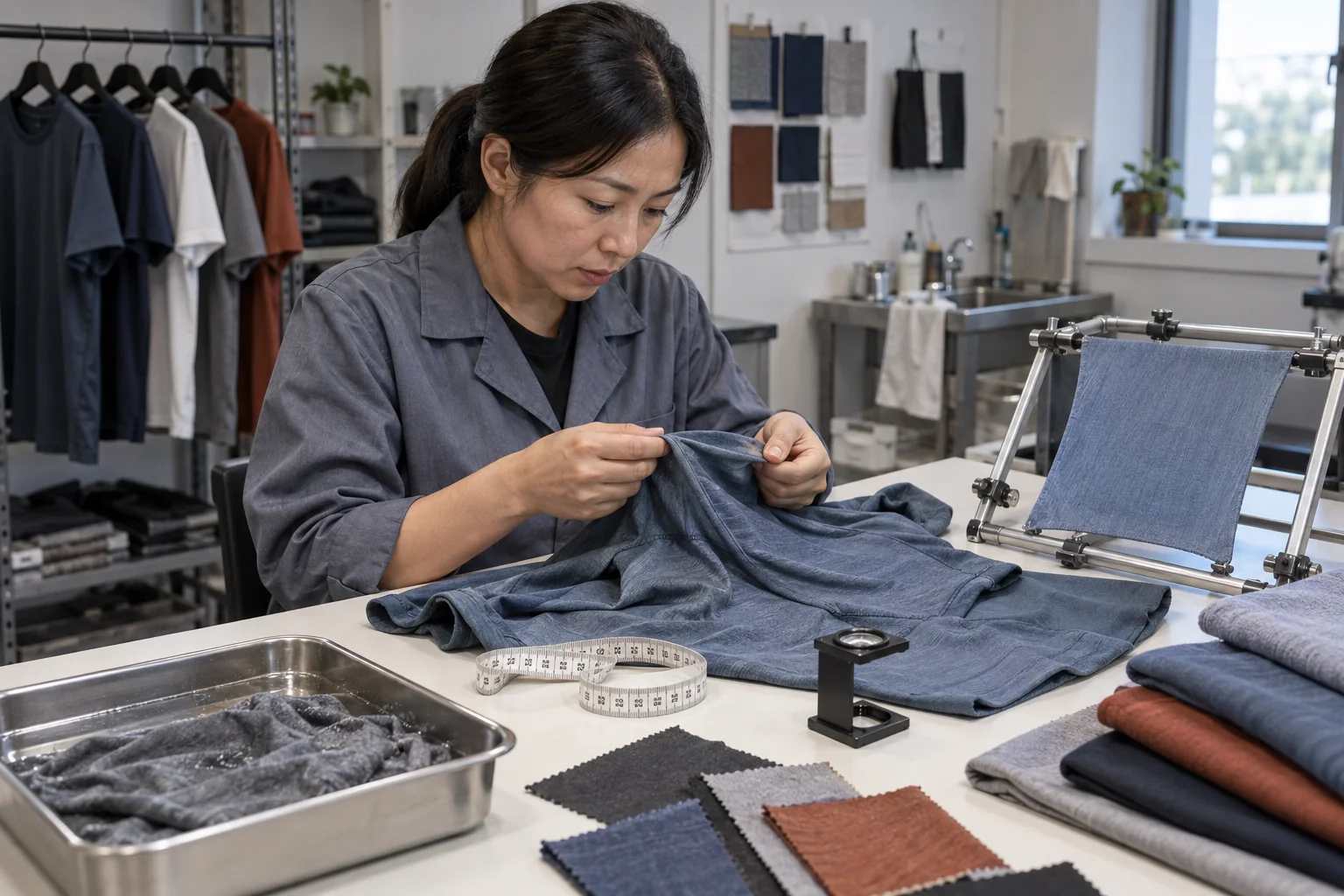 Textile technician reviewing polyester garments with stretch, measurement, wash, seam, and surface inspection tools