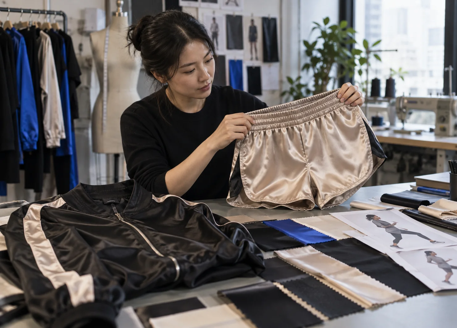 Asiatischer Bekleidungsentwickler prüft Stretch-Satin-Shorts und eine Satin-Trainingsjacke neben Stoffkarten in einem Musterraum, kein lesbarer Text
