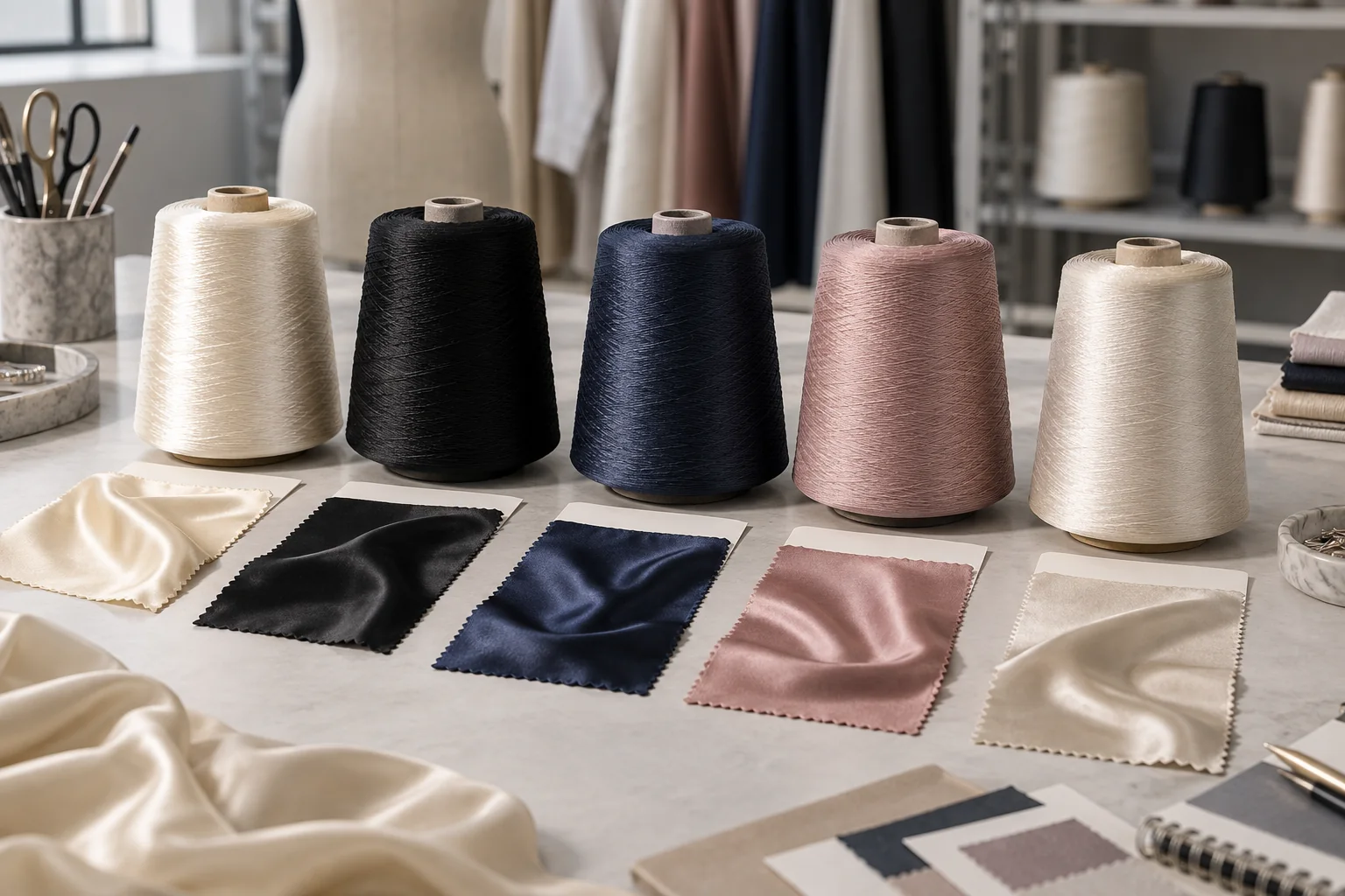 Seiden-, Polyester-, Nylon-, Viskose- und Acetatgarnkegel neben Satinmustern in Champagner, Schwarz, Elfenbein und Marineblau auf einer Textilentwicklungsbank, keine Logos