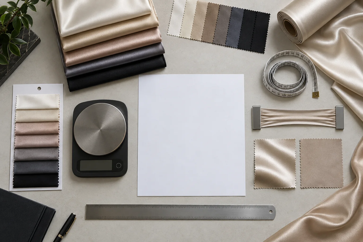 Satin-Stoff-Spezifikationstisch mit GSM-Waage, Breitenmaßband, Farbkarten, Stretchlineal und gefalteten Vorder- und Rückseitenmustern neben einem leeren technischen Materialblatt, kein lesbarer Text