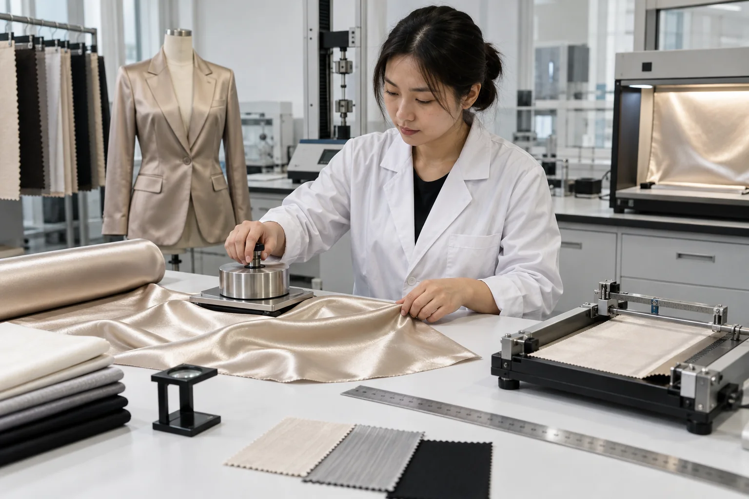 Asiatischer Textiltechniker misst Satin-GSM, Breite, Maßänderung und Oberflächenreflexion neben einer genähten Modejackenprobe und Laborwerkzeugen, kein lesbarer Text