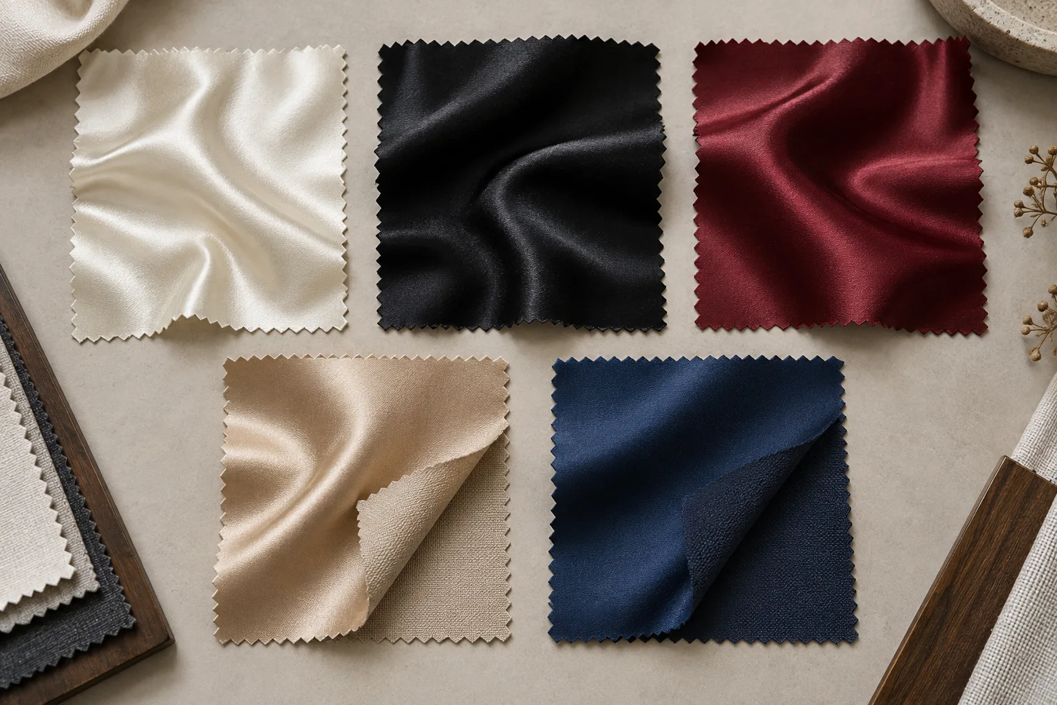 Fünf Satinmuster zeigen leichte Charmeuse, mittleren Polyester-Satin, schwereren Duchess-Satin, satinrückseitigen Stoff und matten Krepp-Rückseiten-Satin, kein Text