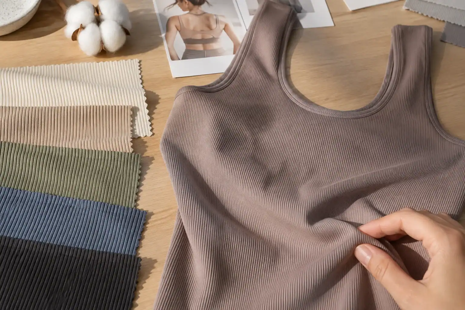 Muestras de canalé de algodón y spandex junto a un brief de desarrollo de camiseta deportiva suave