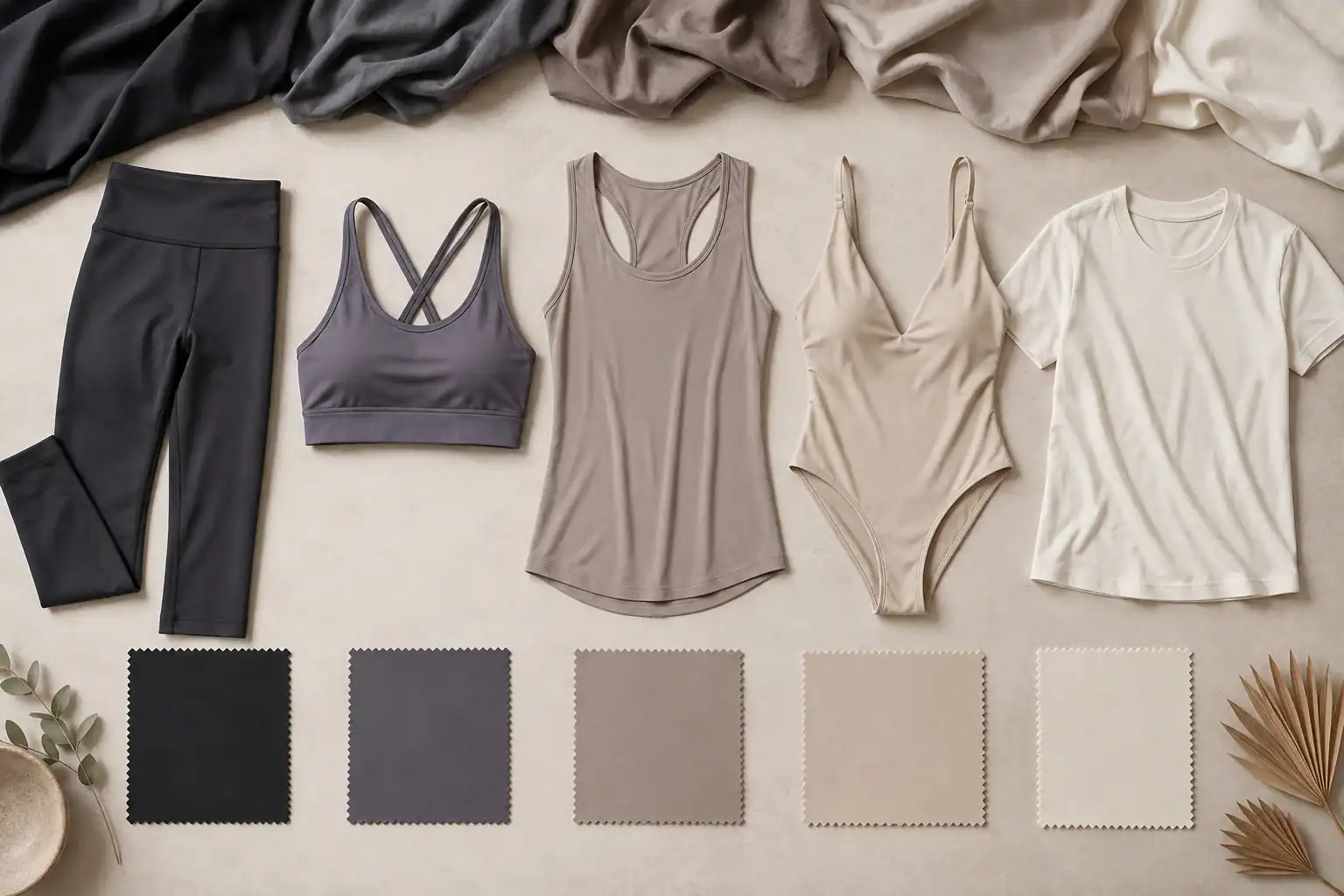 Mapa de prendas que muestra las opciones de tela elástica para leggings, sujetadores, camisetas, trajes de baño y estilos casuales de algodón