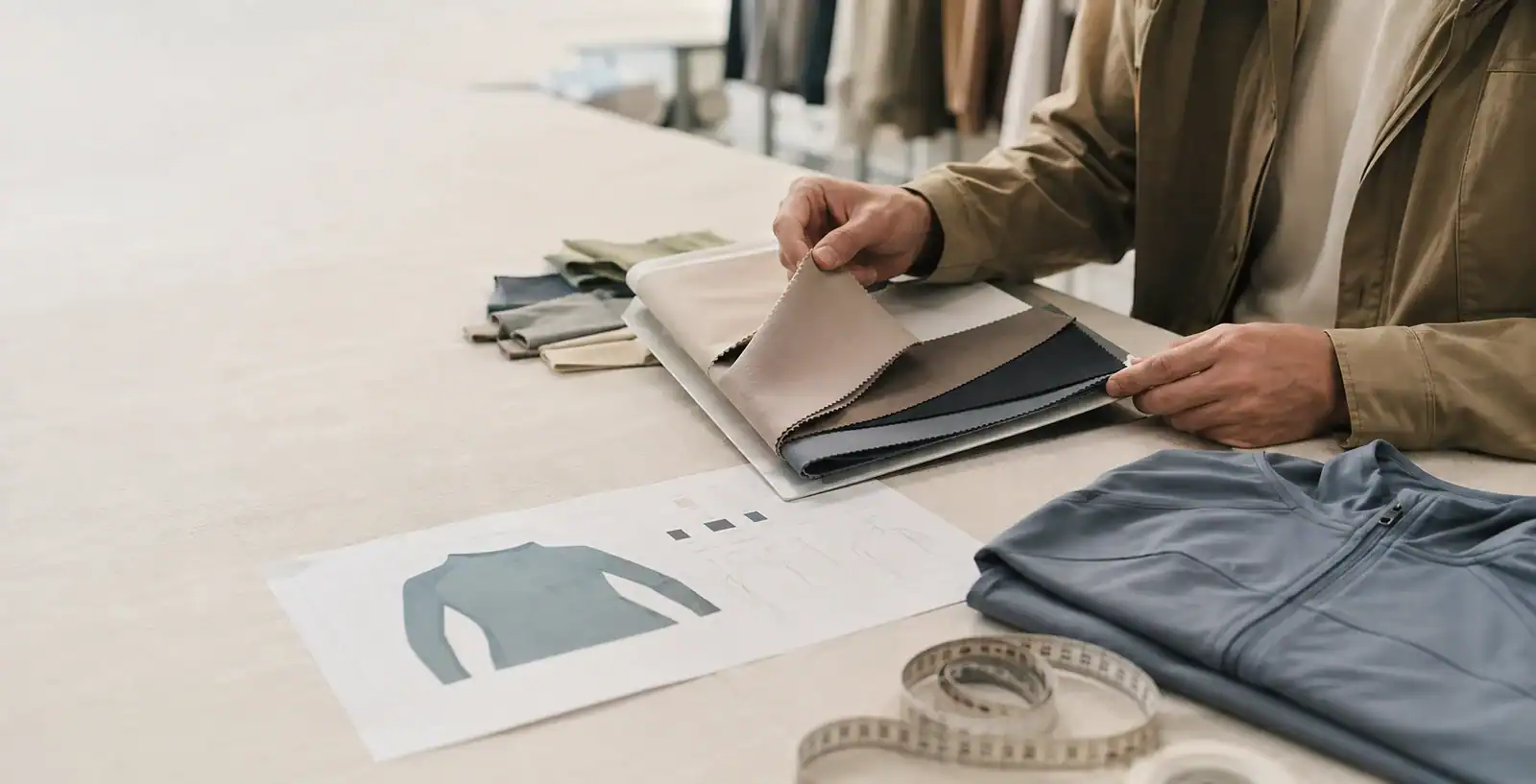 Design team reviewing fabric samples and sketches for custom apparel.