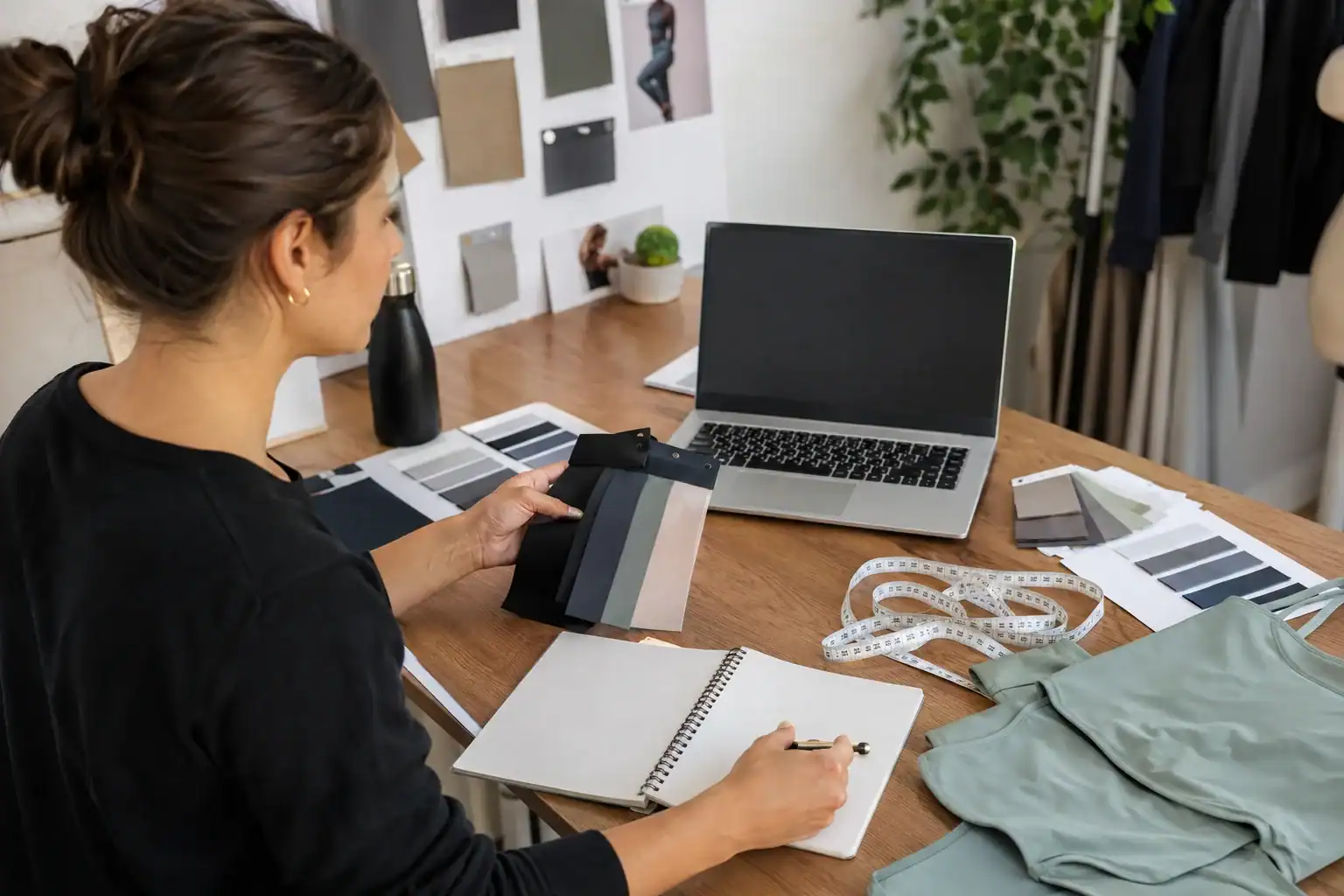 Equipo de diseño trabajando en muestras de ropa a medida con muestras de tela y portátil.
