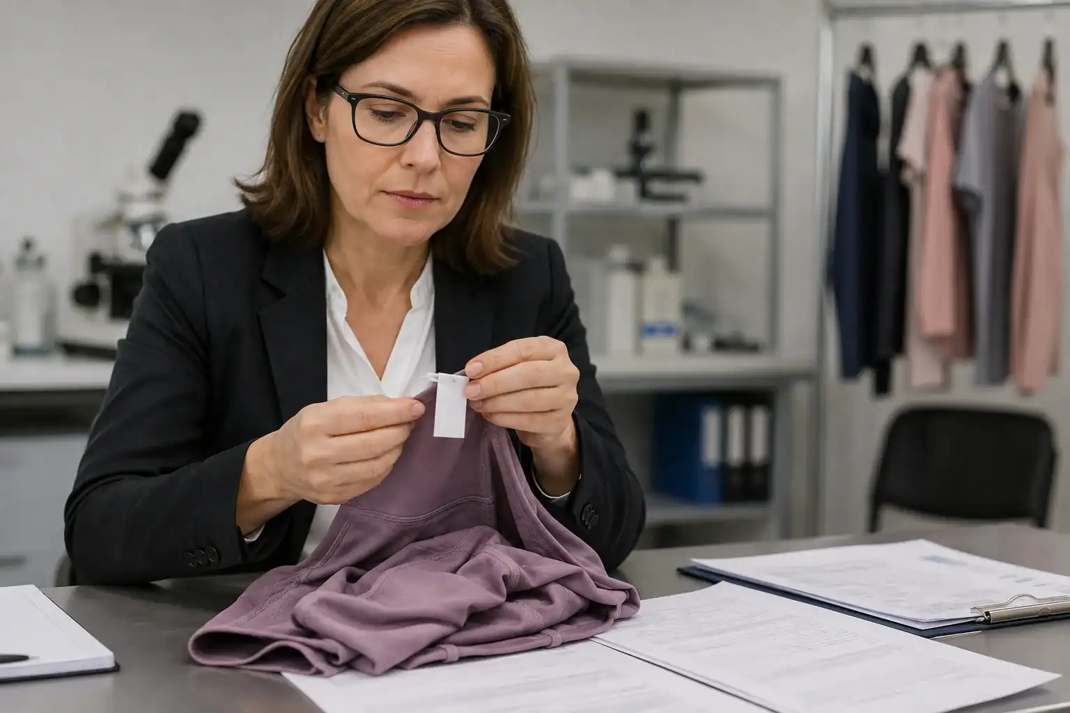 Diseñador de moda inspeccionando la tela para la producción de ropa a medida.