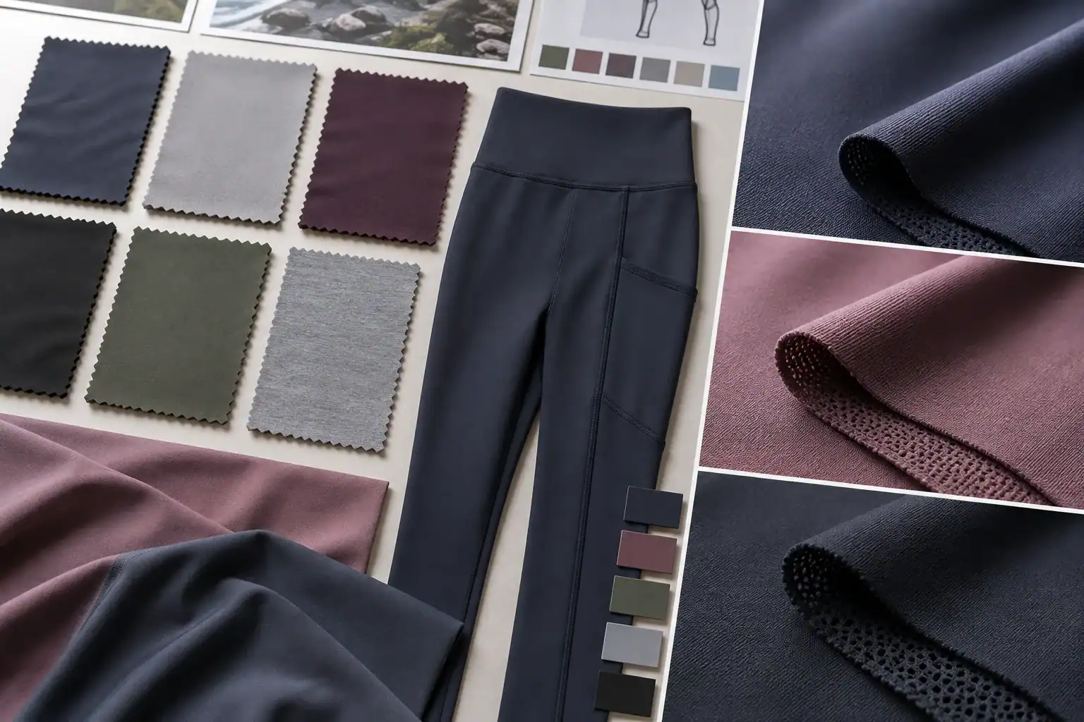 Muestras de tela y leggings de ropa deportiva para diseño de ropa a medida.