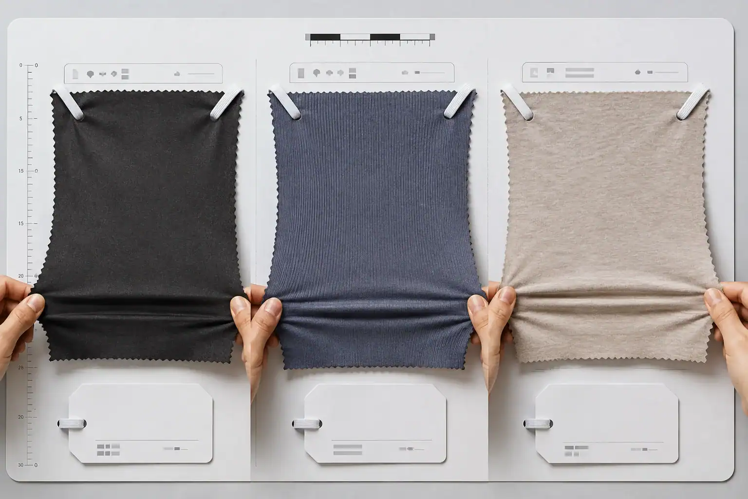Tres muestras de tela en negro, azul y beige en tableros de diseño.