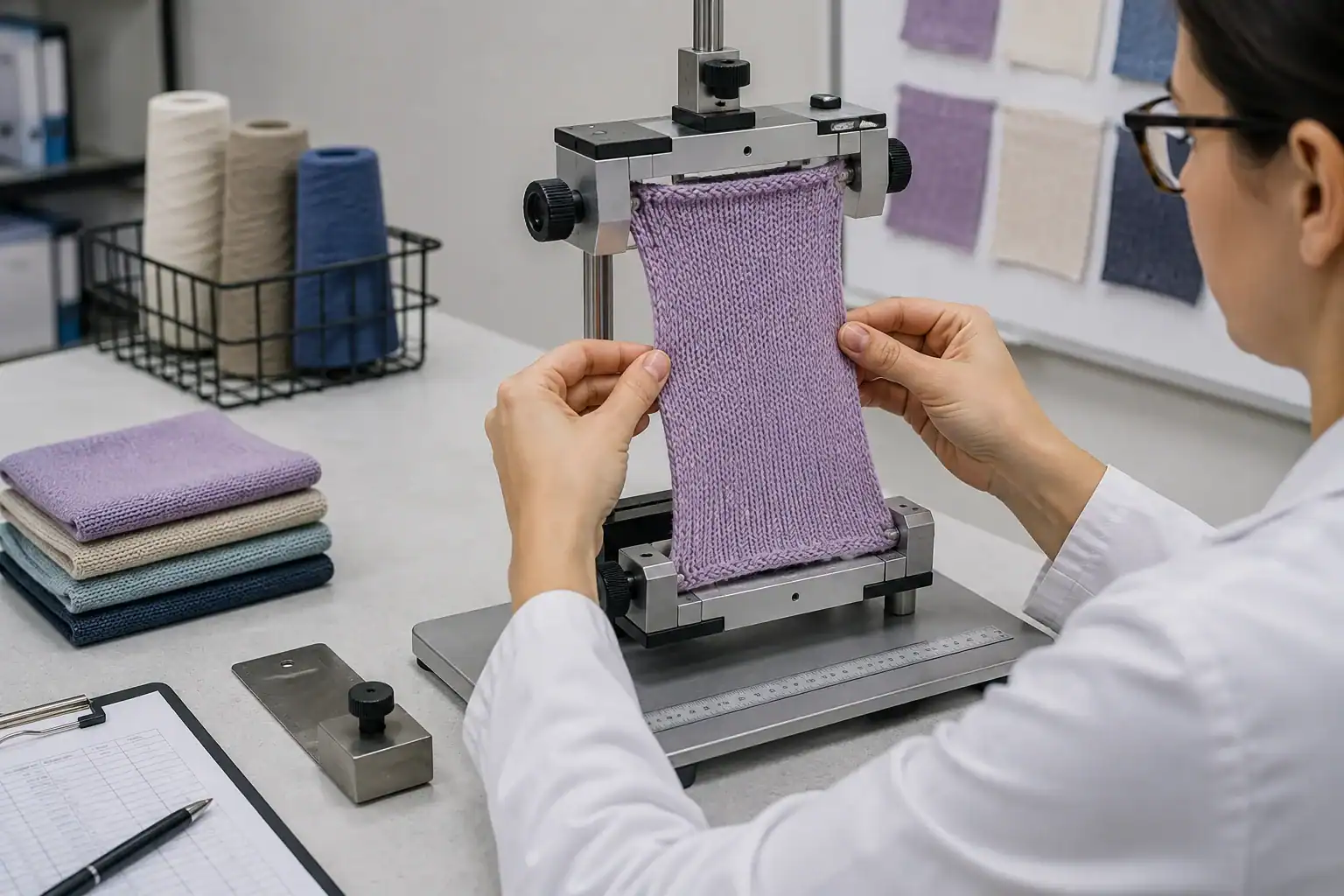 Muestra de tela siendo probada en una máquina de prueba de tejidos por un diseñador.