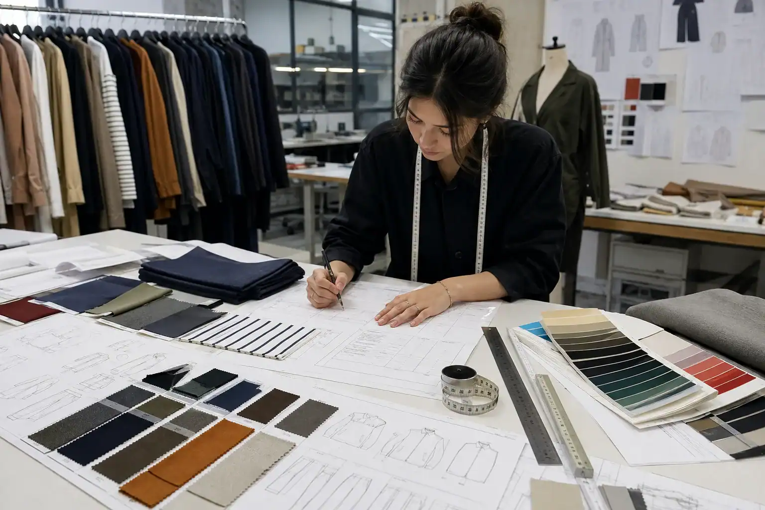 Diseñador de moda trabajando en patrones de ropa y muestras de tela en DETOSUN.