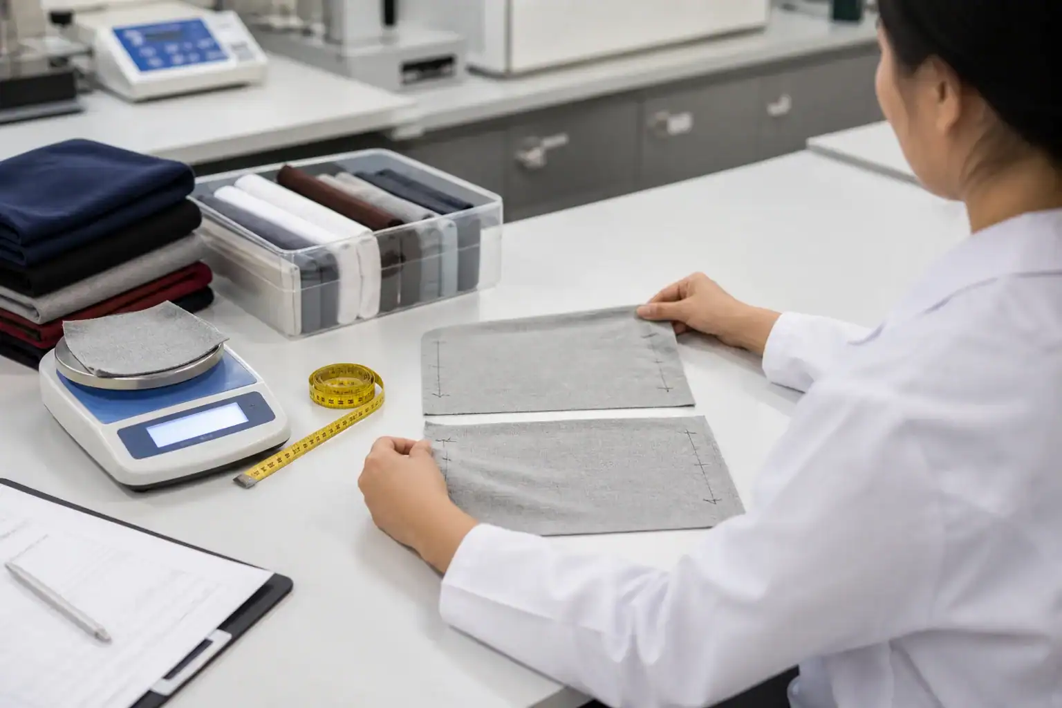 Técnico de laboratorio de prendas comparando muestras de tela elástica sin lavar y lavada para crecimiento, GSM y cambio dimensional