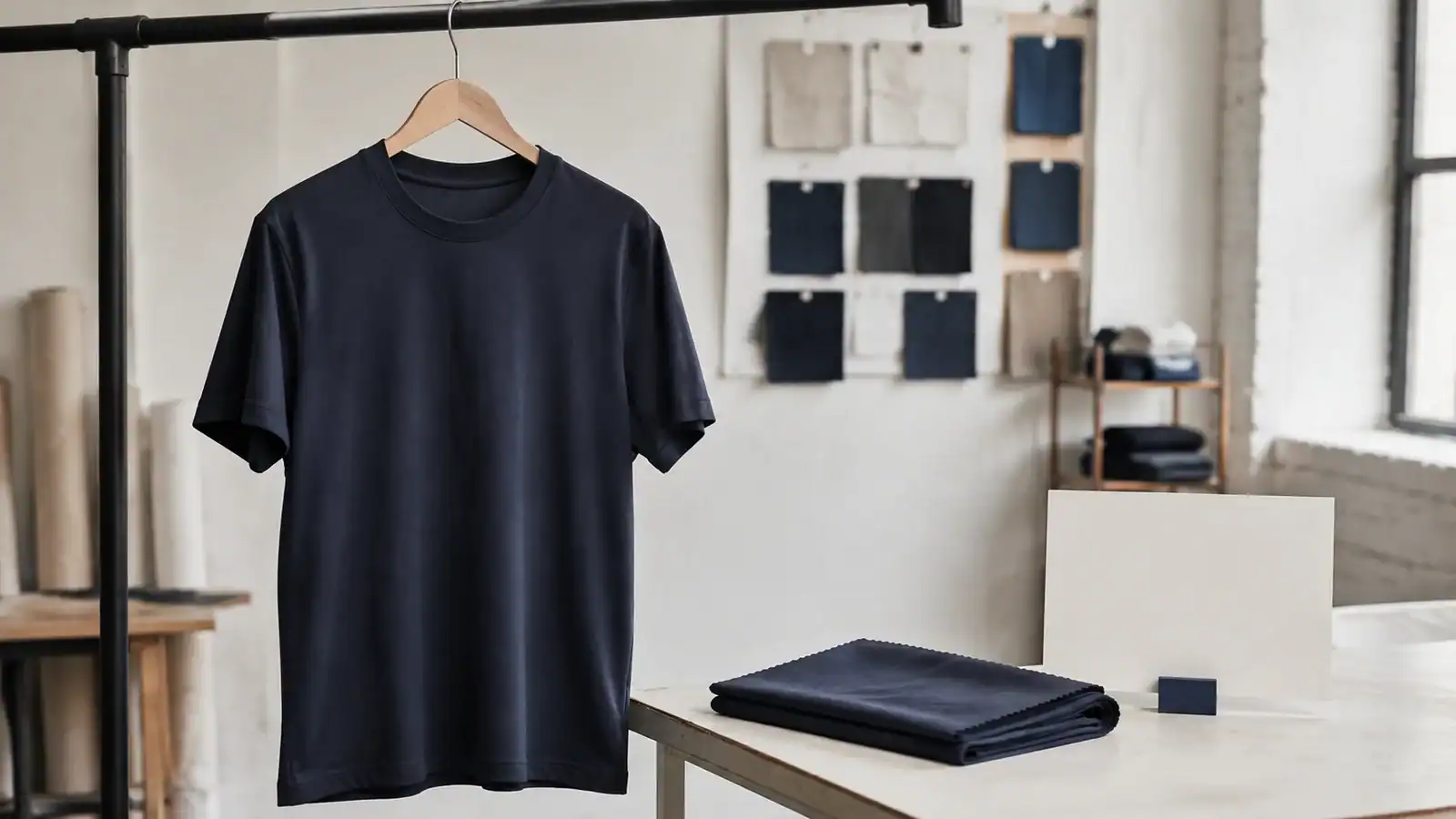 Camiseta negra colgando en un estudio de diseño con muestras de tela.