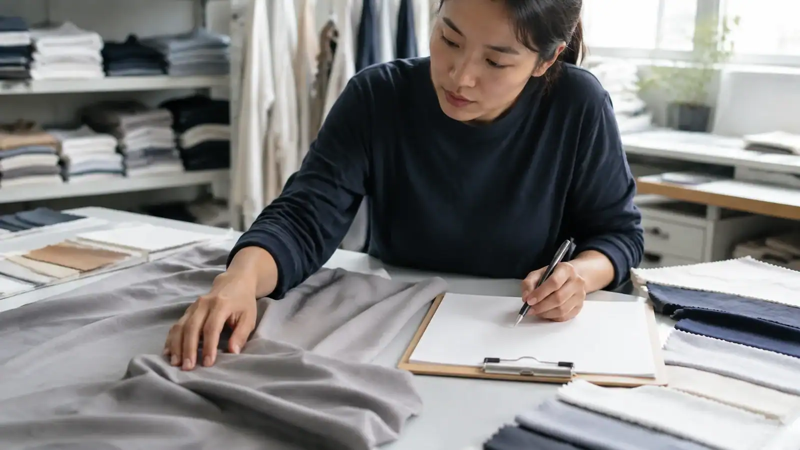 Diseñador de moda revisando muestras de tela y bocetos en DETOSUN.