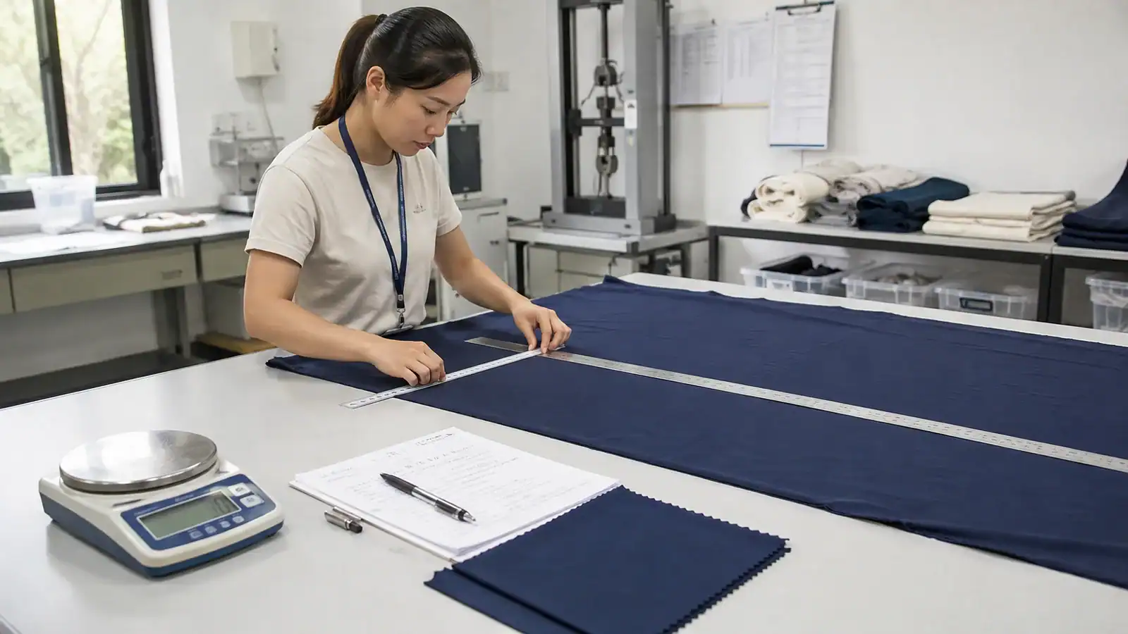 Equipo de diseño trabajando en la medición de tela para la producción de ropa personalizada.