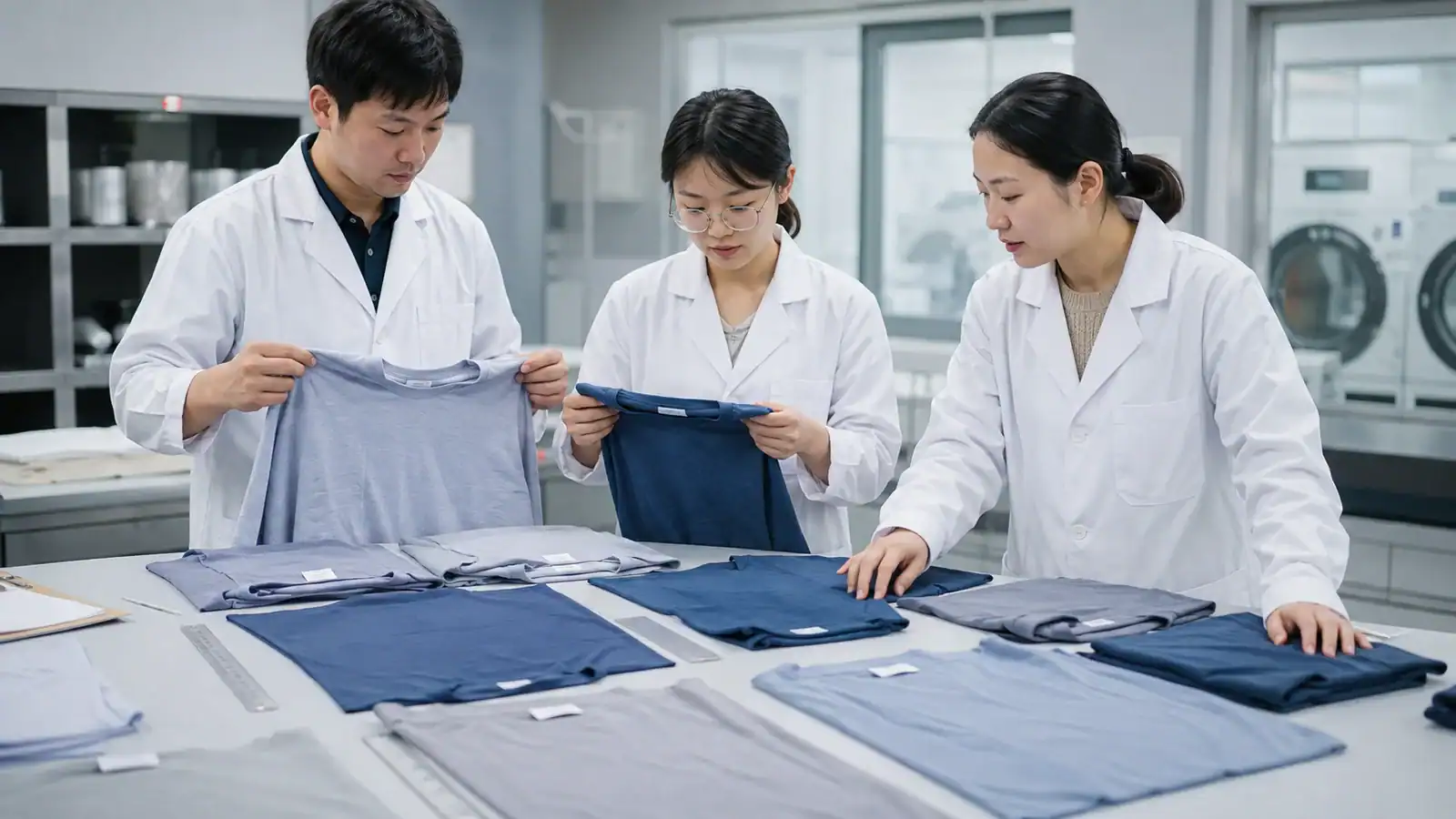 Equipo de diseño inspeccionando muestras de tela personalizadas en la fábrica de ropa.