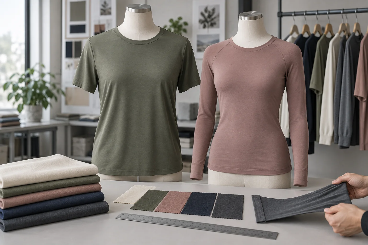 Partes superiores de ropa deportiva y capas base lisas de primera calidad hechas con tejido de punto celulósico suave en maniquíes junto a muestras de elasticidad y recuperación en una sala de muestras de prendas, sin logotipos