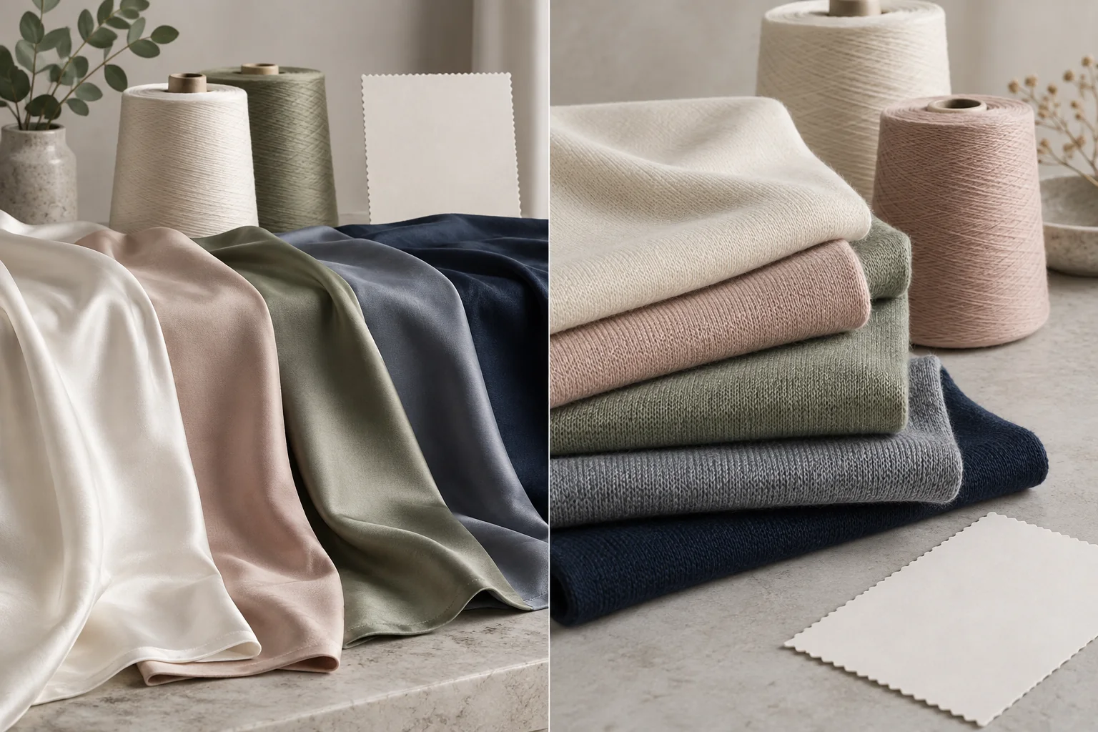 Dos familias distintas de muestras de tejido que representan el liocell y modal de la marca TENCEL con diferente caída, brillo y suavidad superficial, estudio neutral, sin logotipos ni texto