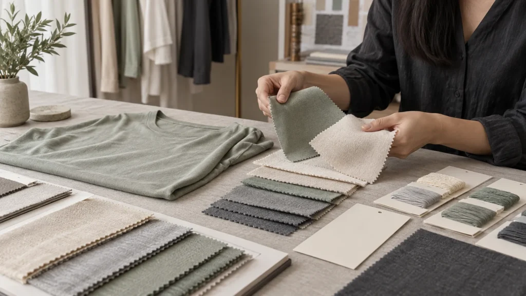 Deutscher Bekleidungseinkäufer vergleicht TENCEL-gebundene Lyocell- und Modal-Muster, Garnkarten und ein weiches Strickoberteil an einem praktischen Textilspezifikationstisch, keine Logos oder lesbaren Texte