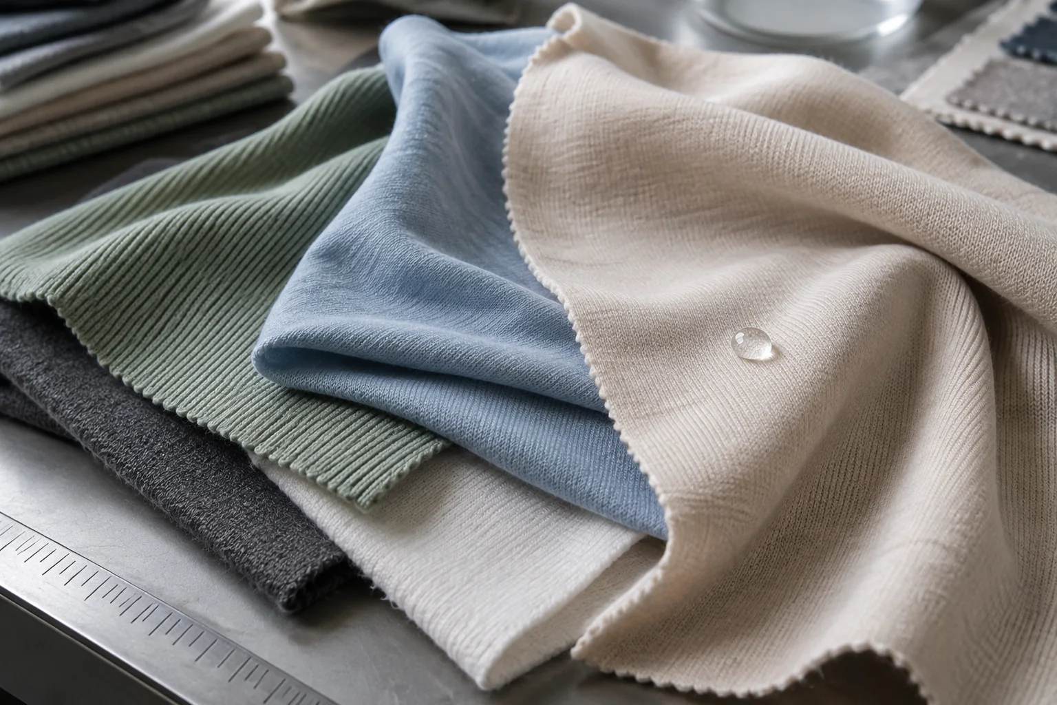 Colección de primer plano de muestras de punto suave de liocell, modal y mezclas que muestran caída, tacto suave, respuesta a la humedad y brillo sutil bajo luz de estudio controlada, sin texto